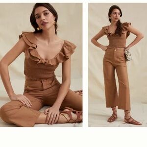 Matching Set -  Maeve: Linen Pants Wide Leg Crop and matching Smocked Ruffle Top